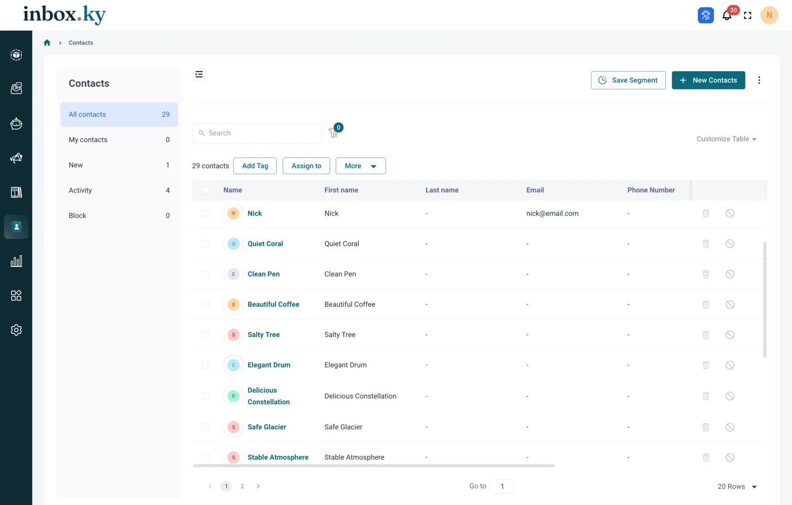 A shared contacts list with tags and segments