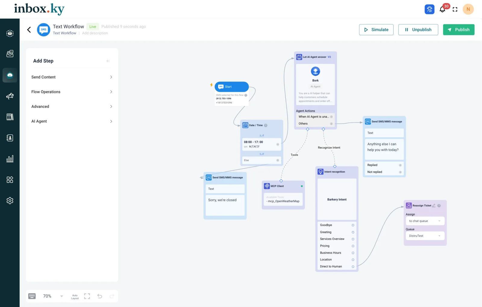 Visual workflow builder with AI agent, intent recognition and routing steps