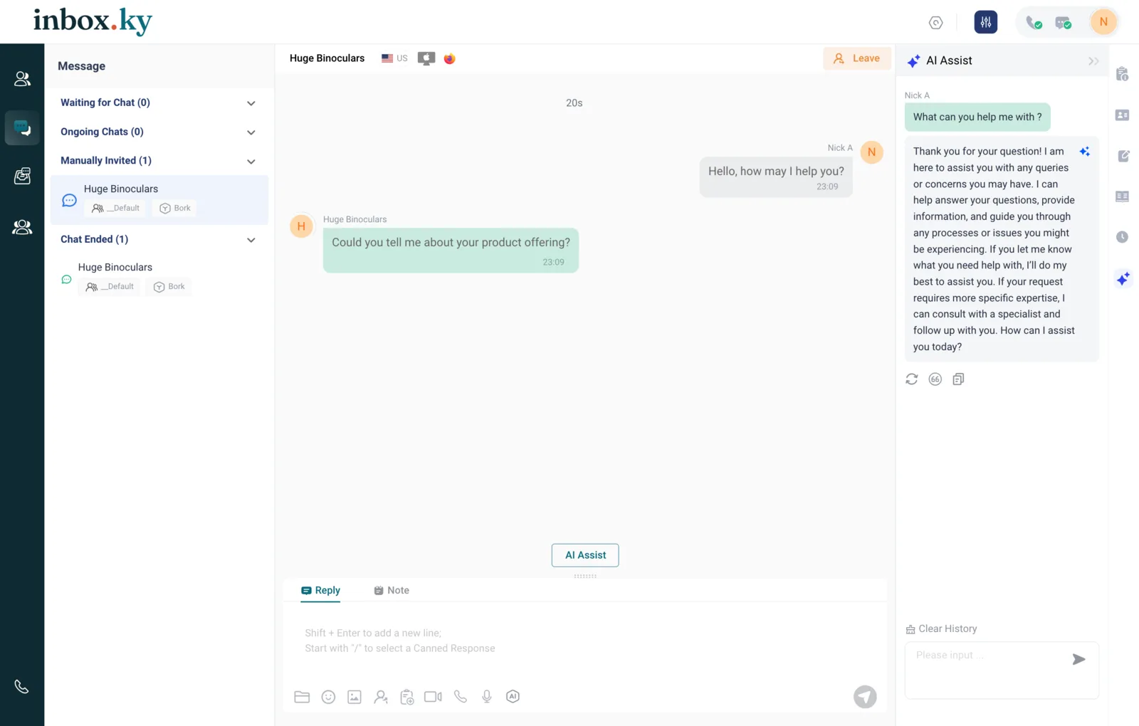 Live website chat with an AI Assist panel drafting a reply